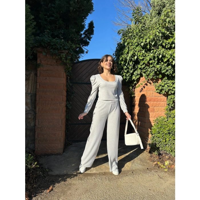 TAVSİYE EDİLEN GÜVENLİ SATICI Fitilli prenses kol alt üst takım gri