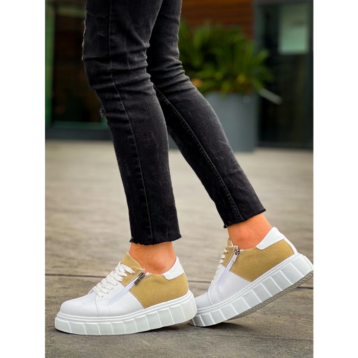 TAVSİYE EDİLEN GÜVENLİ SATICI KB-X155 Kuback Beyaz Cilt Bej Süet Detaylı Beyaz Yüksek Taban Günlük Spor Ayakkabı