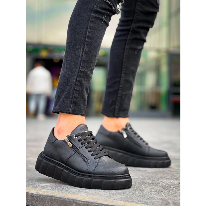 TAVSİYE EDİLEN GÜVENLİ SATICI KB-X155 Kuback Siyah Cilt Detaylı Siyah Yüksek Taban Günlük Spor Ayakkabı