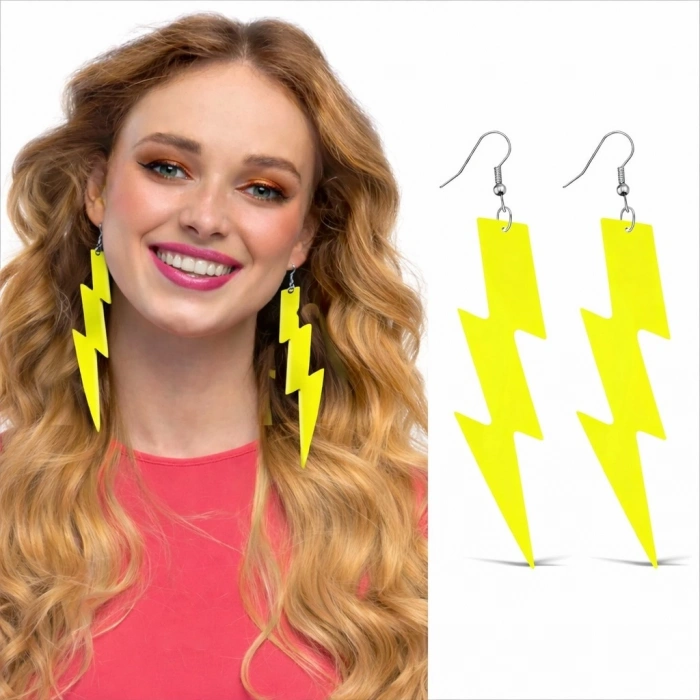 80’ler 90'lar Retro Neon Sarı Şimşek Küpe 10 Cm