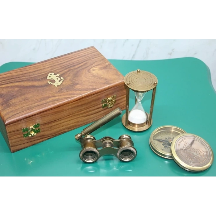 HEYF Ahşap Kutulu Pirinç Pusula,kumsaati,dürbün Seti 15682