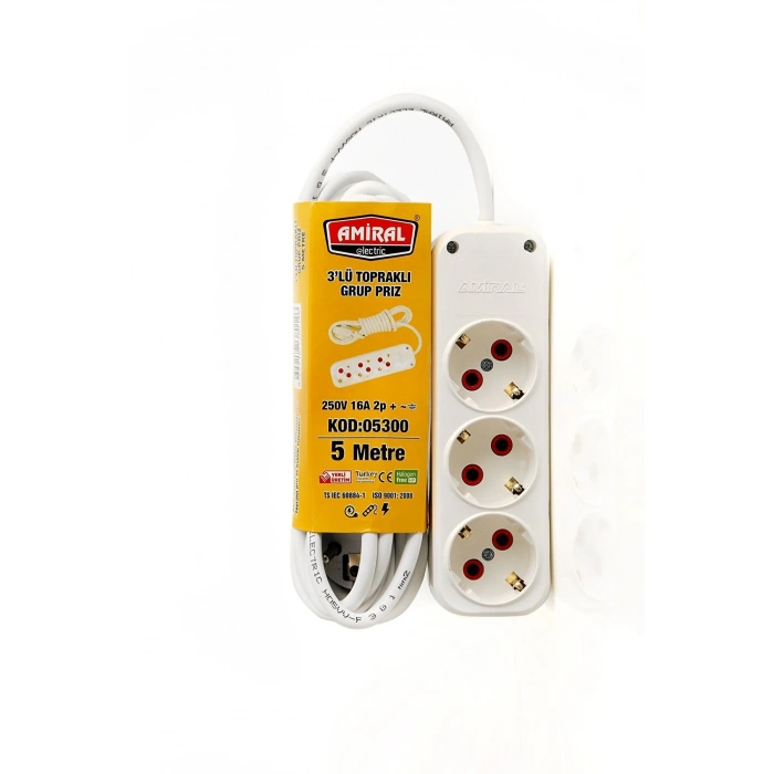 HEYF Amiral 3 Lü Topraklı 5 Metre Kablolu Grup Priz