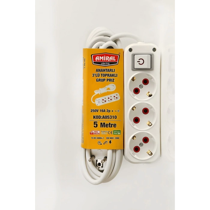 HEYF Amiral 3 Lü Topraklı Anahtarlı 5 Metre Kablolu Grup Priz