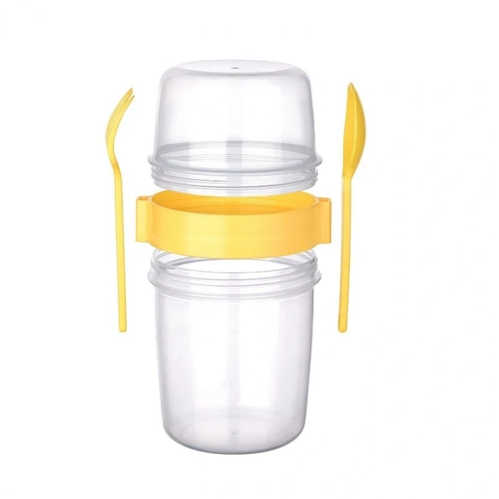 Çift Hazneli - Çatal Kaşıklı Portatif Müsli -atıştırmalık Kabı 1100 Ml