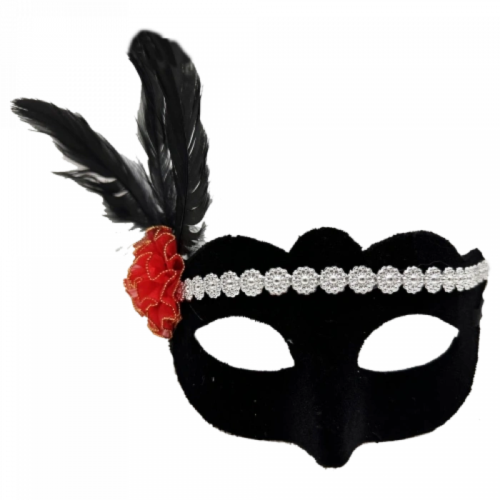 Gümüş Dantelli Kırmızı Gül Tasarımlı Parti Maskesi