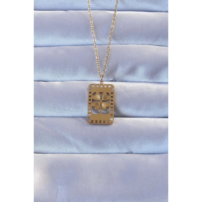 HEYF 316L Altın Renk İşlemeli Yonca Model Vintage Kolye