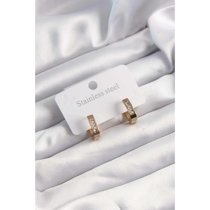 HEYF 316L Çelik Altın Renk Zirkon Taşlı Halka Model Küpe