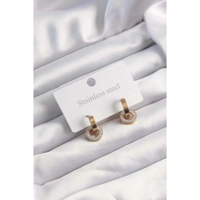 HEYF 316L Çelik Altın Renk Zirkon Taşlı Halka Model Küpe