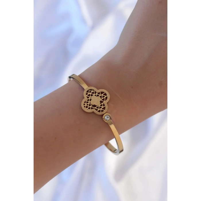 HEYF 316L Çelik Altın Renk Zirkon Taşlı Simli Yonca Kelepçe