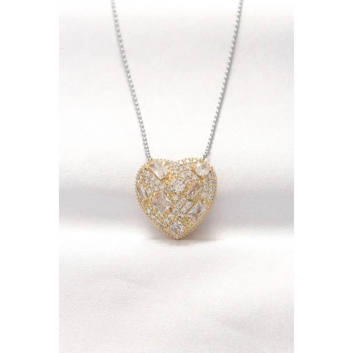 HEYF 316L Çelik Çift Renk Zirkon Taşlı Kalp Kolye