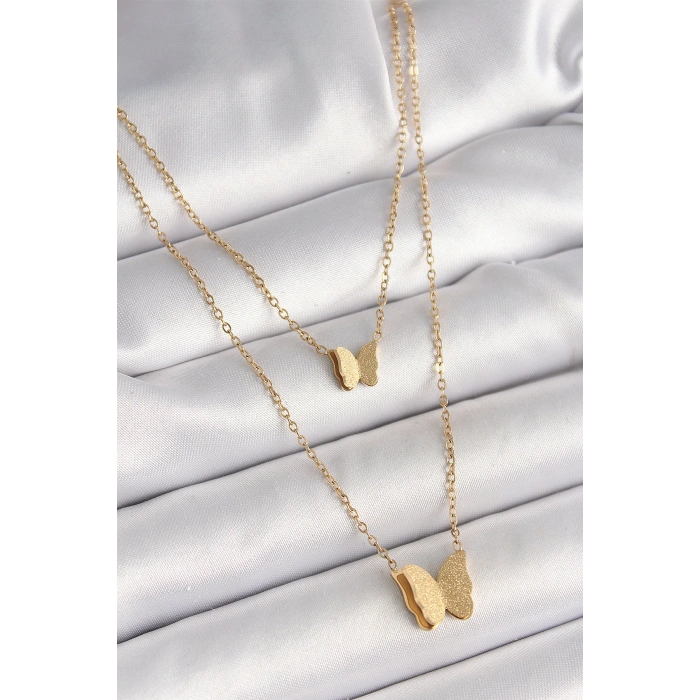 HEYF 316L Çelik Gold Renk 2Li Simli Kelebek Model Kadın Kolye