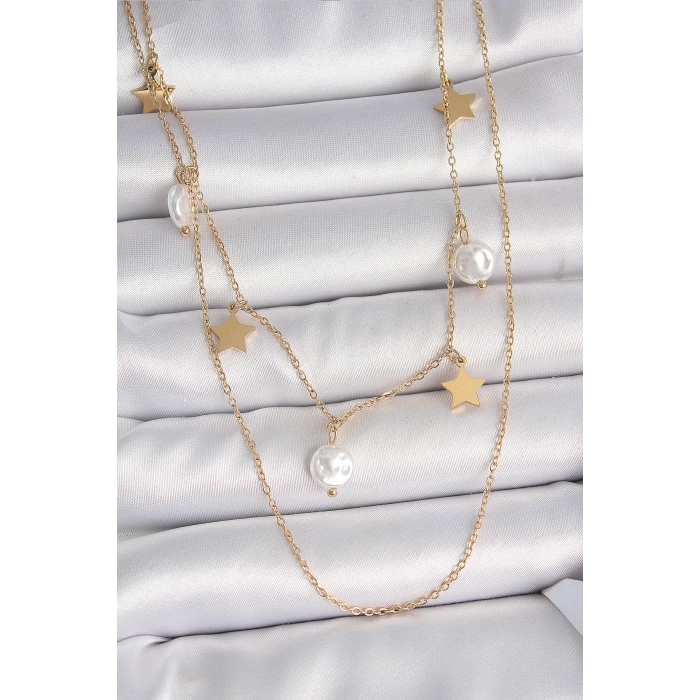 HEYF 316L Çelik Gold Renk 2Li Zincir Sallantı Yıldız İnci Model Kadın Kolye