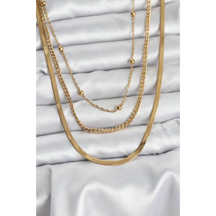 HEYF 316L Çelik Gold Renk 3lü Kadın Kolye
