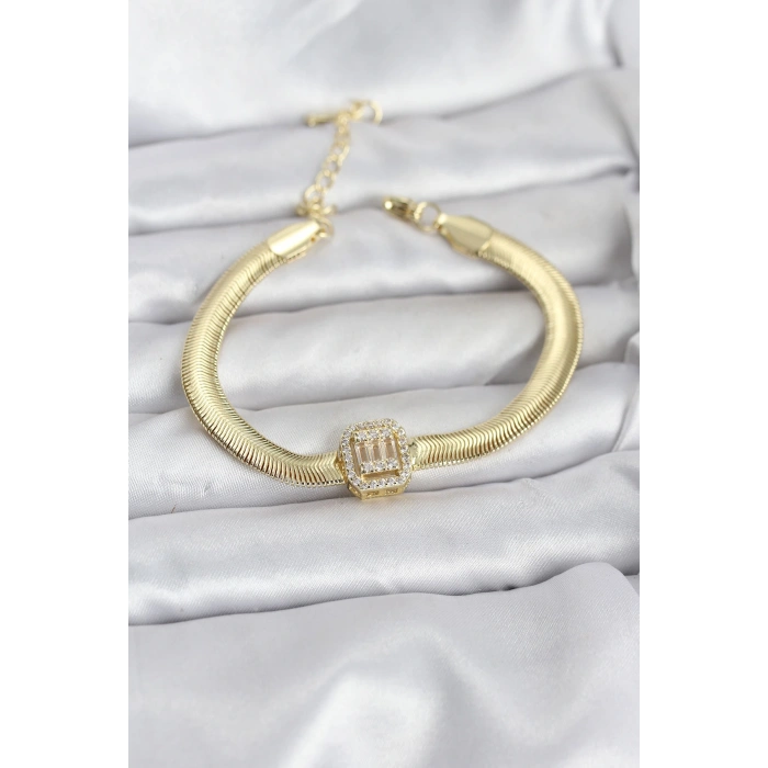 HEYF 316L Çelik Gold Renk Baget Zirkon Taşlı Yılan Zincirli Kadın Bileklik