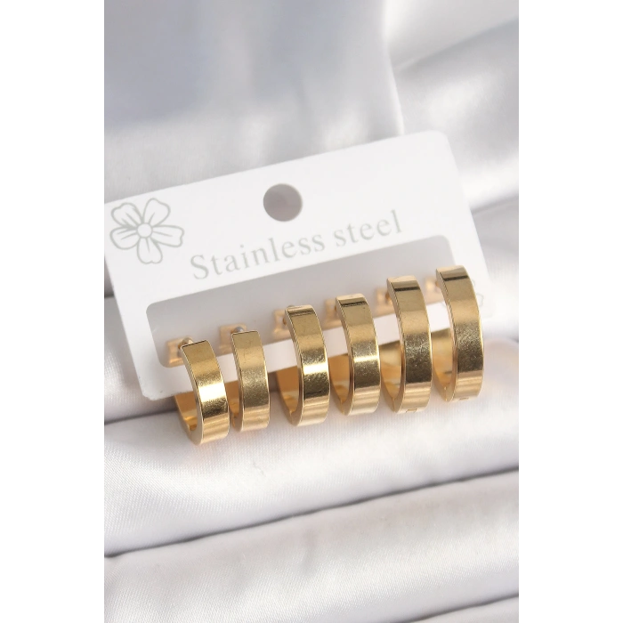 HEYF 316L Çelik Gold Renk Halka Model Kadın Küpe Seti