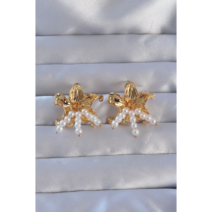 HEYF 316L Çelik Gold Renk İnci Aksesuarlı Çiçek Model Küpe