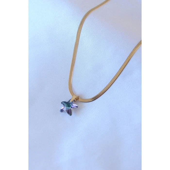 HEYF 316L Çelik Gold Renk İtalyan Zincir Model Kristal Deniz Yıldız Model Kadın Kolye