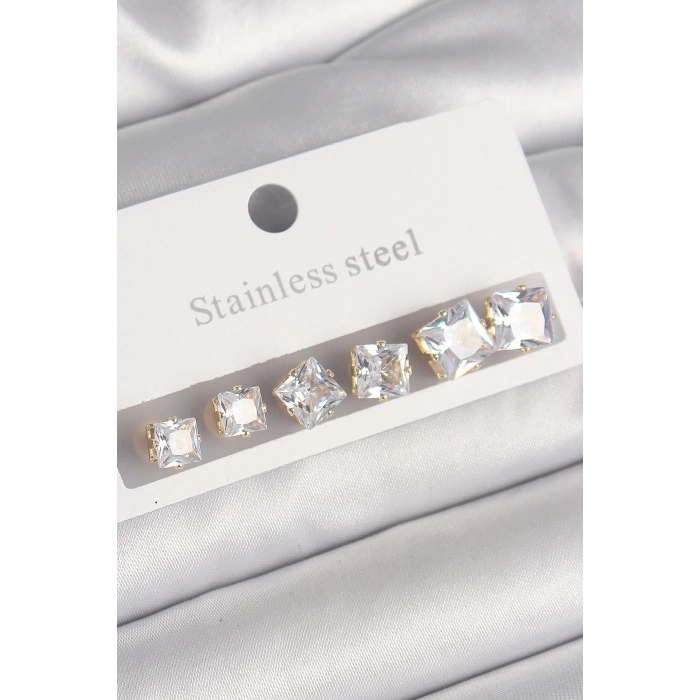 HEYF 316L Çelik Gold Renk Kare Zirkon Taş Model Kadın Küpe Seti