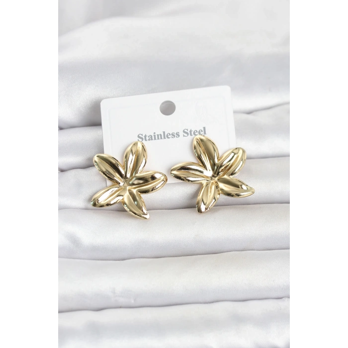 HEYF 316L Çelik Gold Renk Lotus Çiçeği Model Kadın Küpe