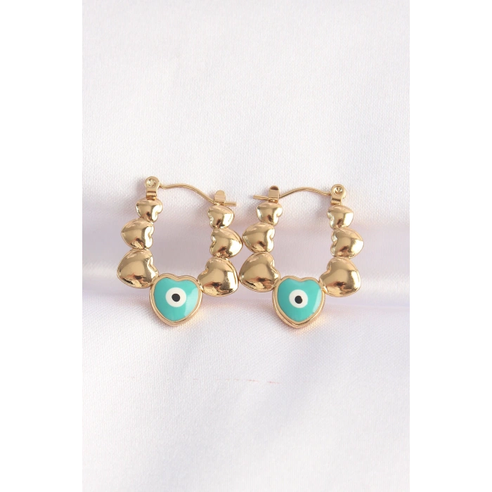 HEYF 316L Çelik Gold Renk Mavi Nazarlı Kalpli Model Küpe