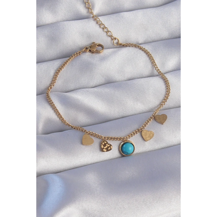 HEYF 316L Çelik Gold Renk Minimal Kalpli Mavi Taş Detaylı Bileklik