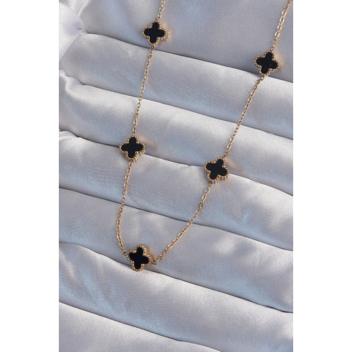 HEYF 316L Çelik Gold Renk Minimal Siyah Mineli Yonca Kolye