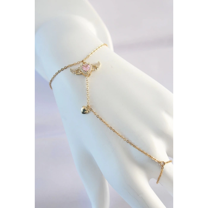 HEYF 316L Çelik Gold Renk Pembe Zirkon Taşlı Kanatlı Kalp Model Şahmeran