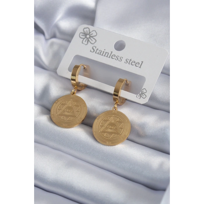 HEYF 316L Çelik Gold Renk Pentagram İşleme Model Kadın Küpe