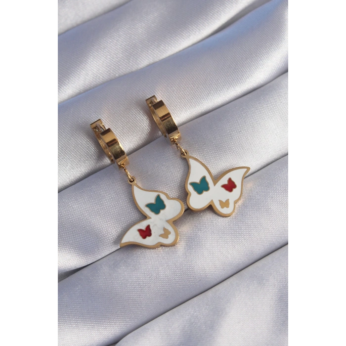 HEYF 316L Çelik Gold Renk Renkli Mineli Kelebek Küpe