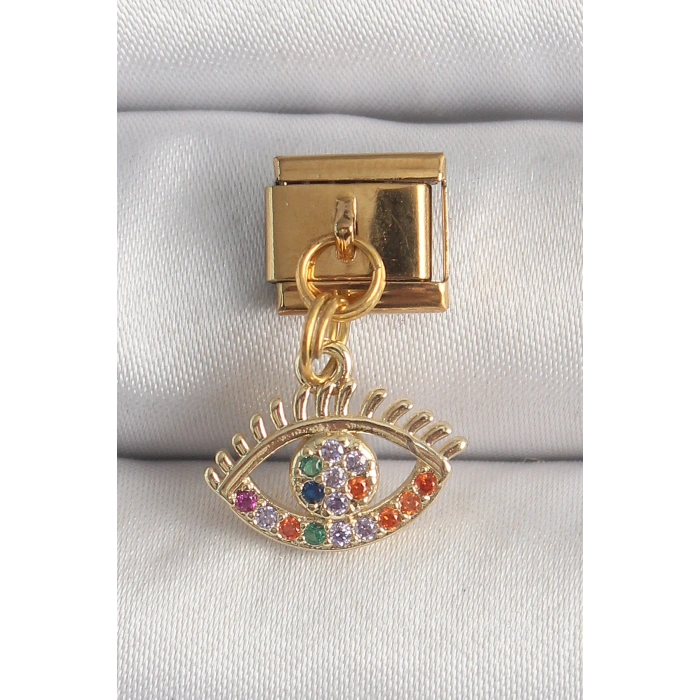 HEYF 316L Çelik Gold Renk Sallantı Renkli Zirkon Taşlı Göz Model Nomination Charm