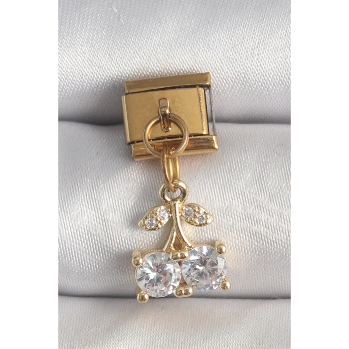 HEYF 316L Çelik Gold Renk Sallantı Zirkon Taşlı Kiraz Model Nomination Charm