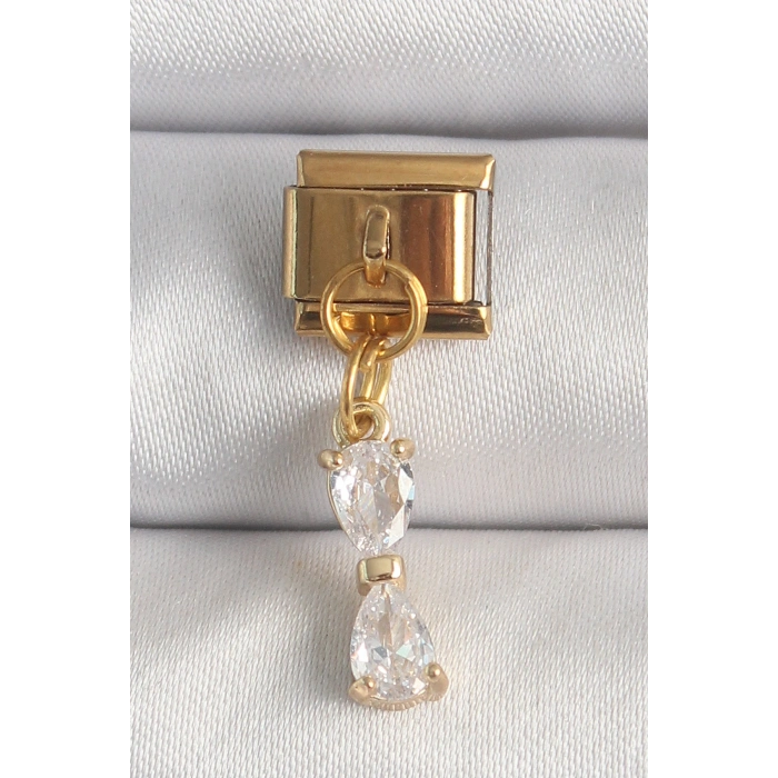 HEYF 316L Çelik Gold Renk Sallantı Zirkon Taşlı Kurdele Model Nomination Charm