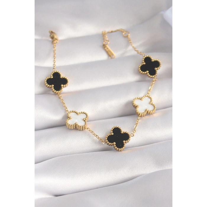 HEYF 316L Çelik Gold Renk Siyah Beyaz Yonca Model Kadın Bileklik