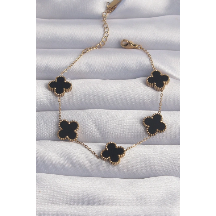 HEYF 316L Çelik Gold Renk Siyah Mineli Yonca Bileklik