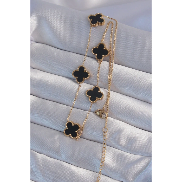 HEYF 316L Çelik Gold Renk Siyah Mineli Yonca Kolye