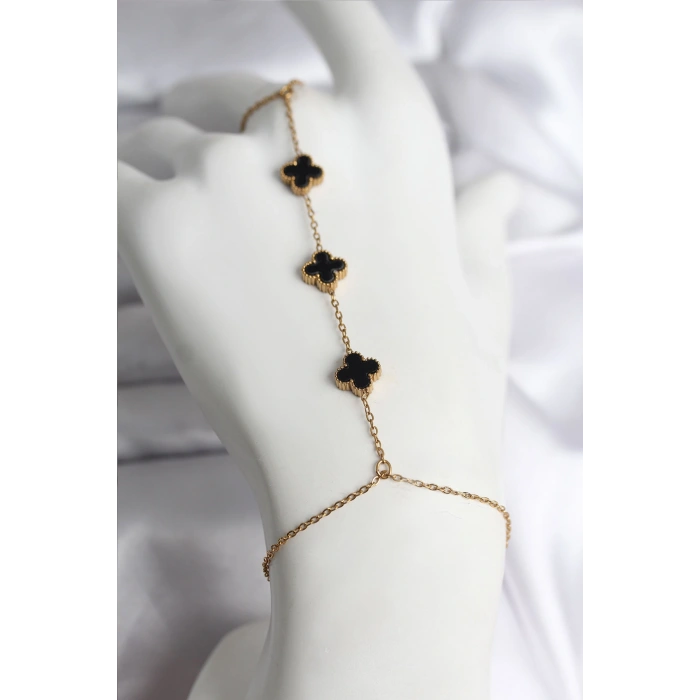 HEYF 316L Çelik Gold Renk Siyah Yonca Model Kadın Şahmeran