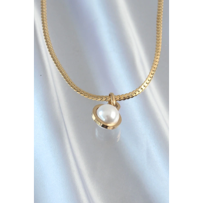 HEYF 316L Çelik Gold Renk Yassı Zincir İnci Taşlı Kolye