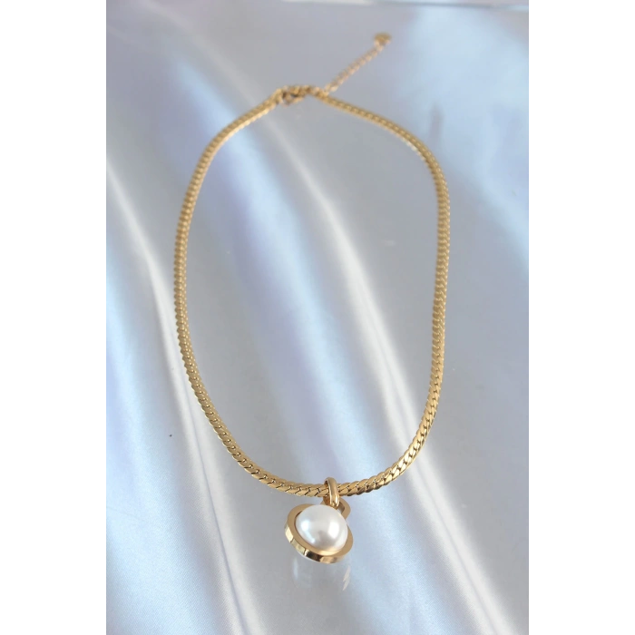 HEYF 316L Çelik Gold Renk Yassı Zincir İnci Taşlı Kolye