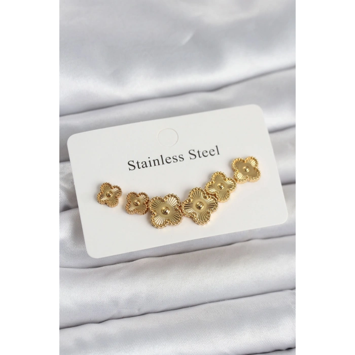 HEYF 316L Çelik Gold Renk Yonca Küpe Seti