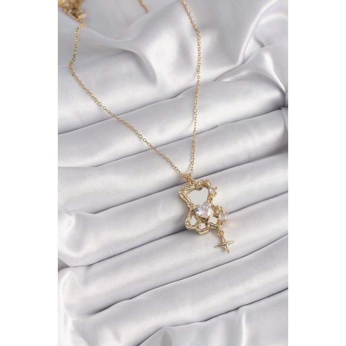 HEYF 316L Çelik Gold Renk Zincir Ayna Ayıcık Model Zirkon Taşlı Kalp Model Kadın Kolye
