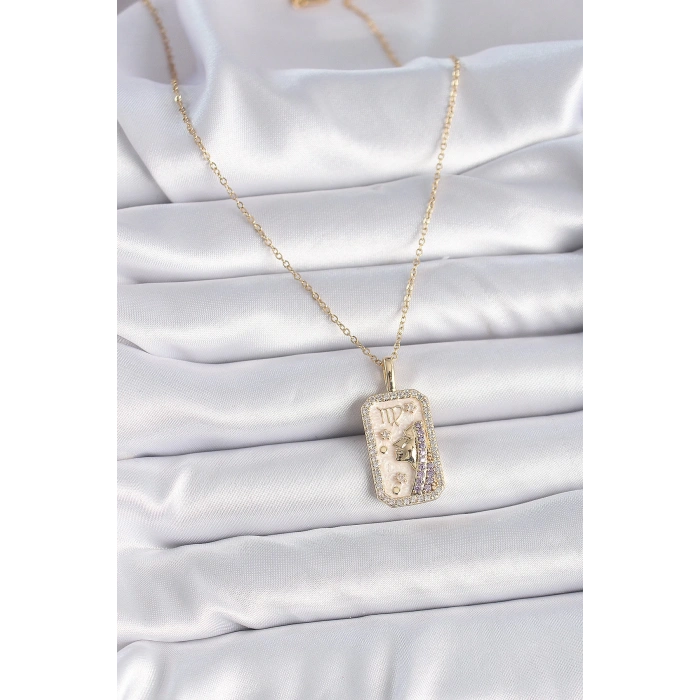 HEYF 316L Çelik Gold Renk Zincir Başak Burcu Zirkon Taşlı Kadın Kolye