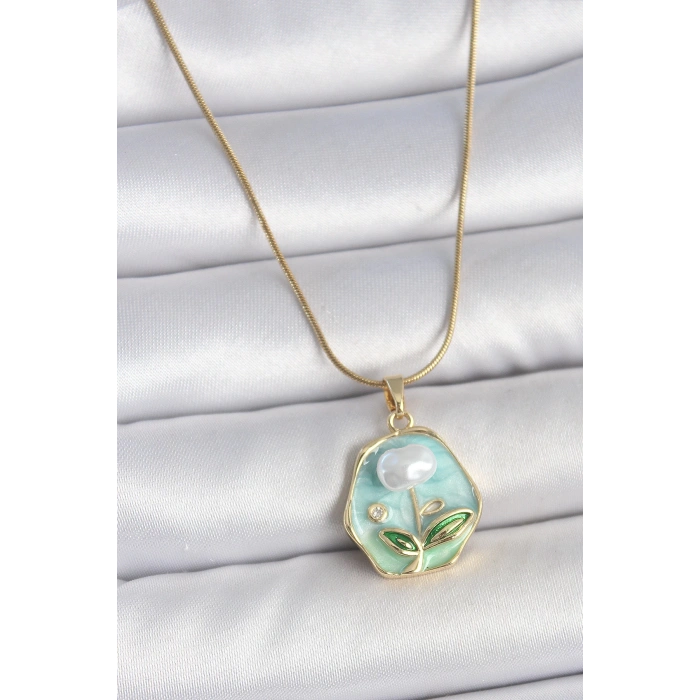 HEYF 316L Çelik Gold Renk Zincir Mavi Çiçek İşlemeli İnci İşlemeli Portre Model Kadın Kolye