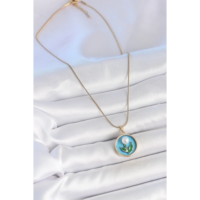HEYF 316L Çelik Gold Renk Zincir Mavi Mineli İncili Çiçek İşlemeli Portre Model Kadın Kolye