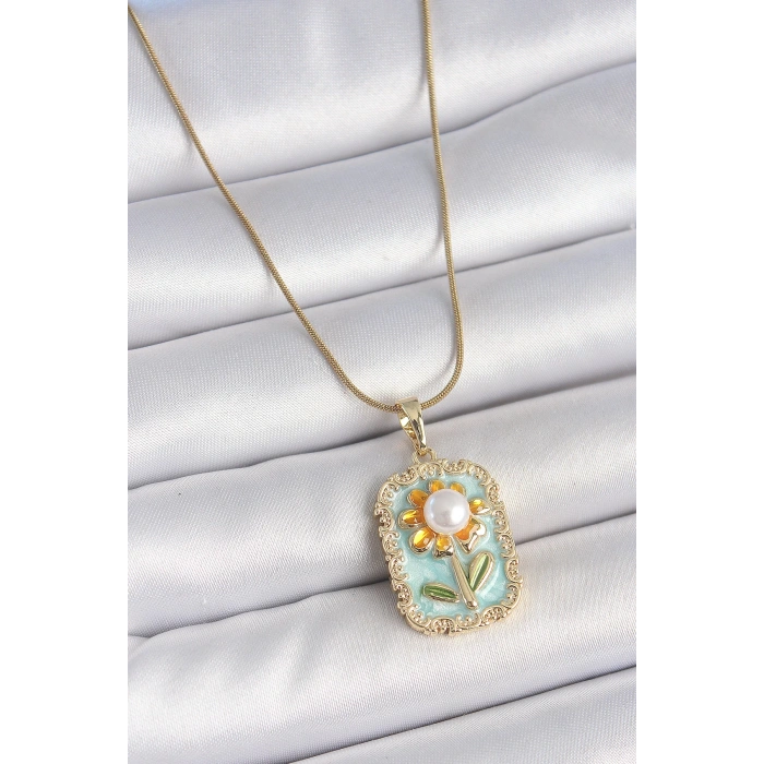 HEYF 316L Çelik Gold Renk Zincir Mavi Mineli İncili Papatya İşlemeli Portre Model Kadın Kolye
