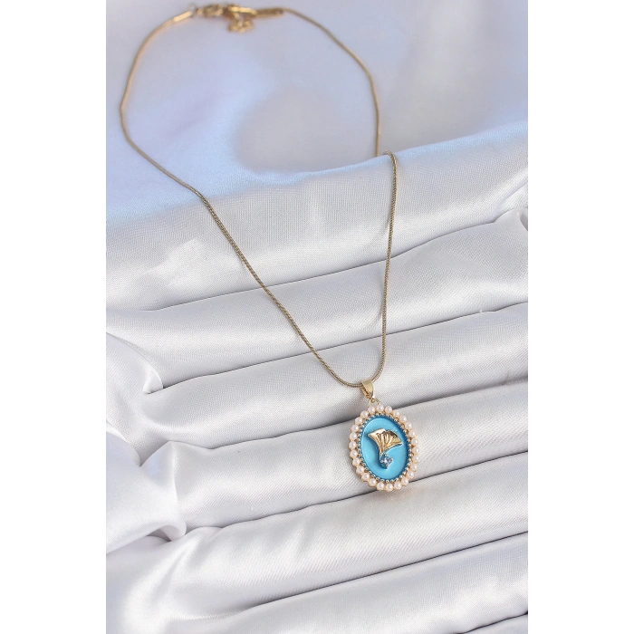 HEYF 316L Çelik Gold Renk Zincir Mavi Mineli İncili Zirkon Taşlı Çiçek İşlemeli Portre Model Kadın Kolye