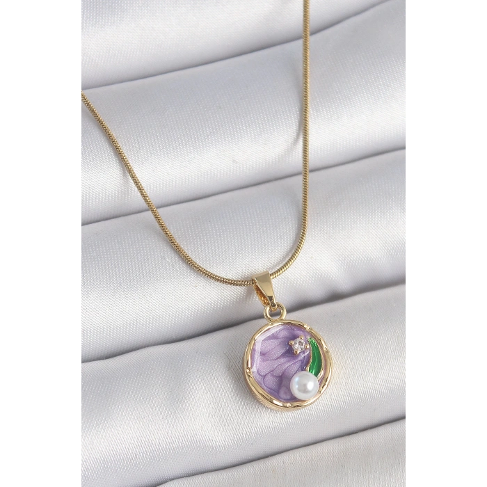 HEYF 316L Çelik Gold Renk Zincir Mor Çiçek İşlemeli Zirkon Taş İnci Detaylı Minimal Portre Model Kadın Kolye