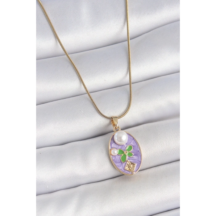 HEYF 316L Çelik Gold Renk Zincir Mor Mineli Oval İncili Çiçek İşlemeli Portre Model Kadın Kolye