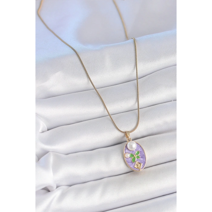 HEYF 316L Çelik Gold Renk Zincir Mor Mineli Oval İncili Çiçek İşlemeli Portre Model Kadın Kolye