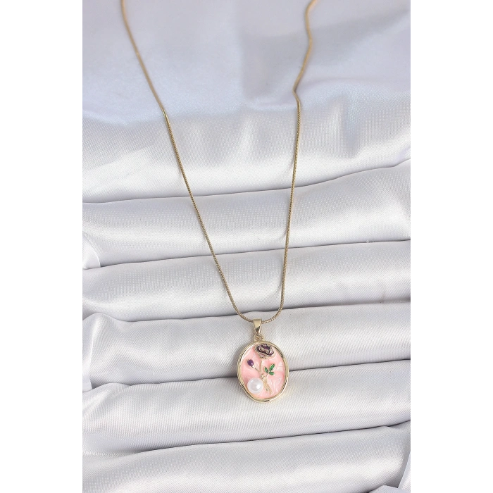 HEYF 316L Çelik Gold Renk Zincir Pembe Çiçek İşlemeli İnci Detay Portre Model Kadın Kolye