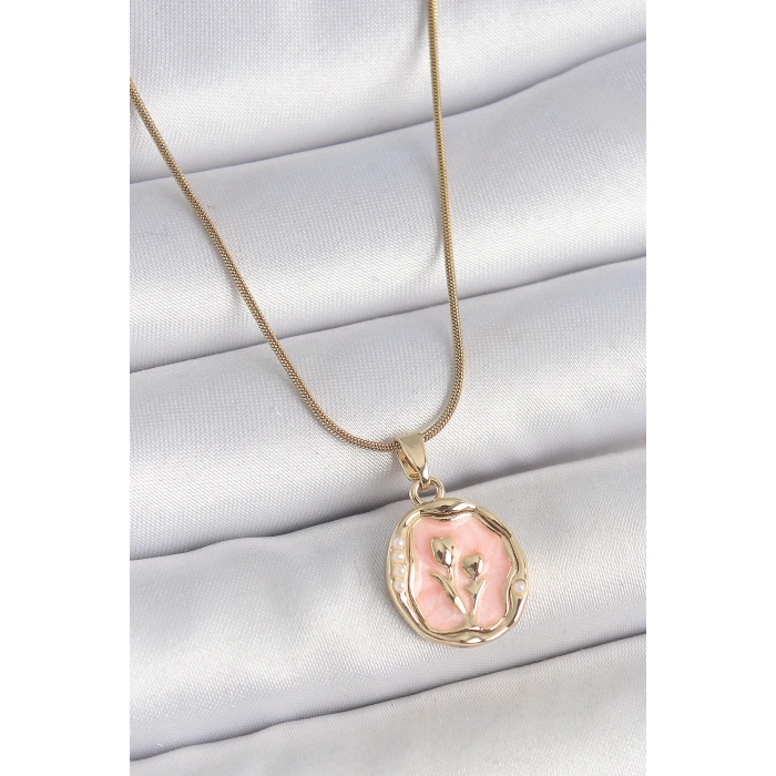 HEYF 316L Çelik Gold Renk Zincir Pembe Mineli Çiçek İşlemeli Portre Model Kadın Kolye